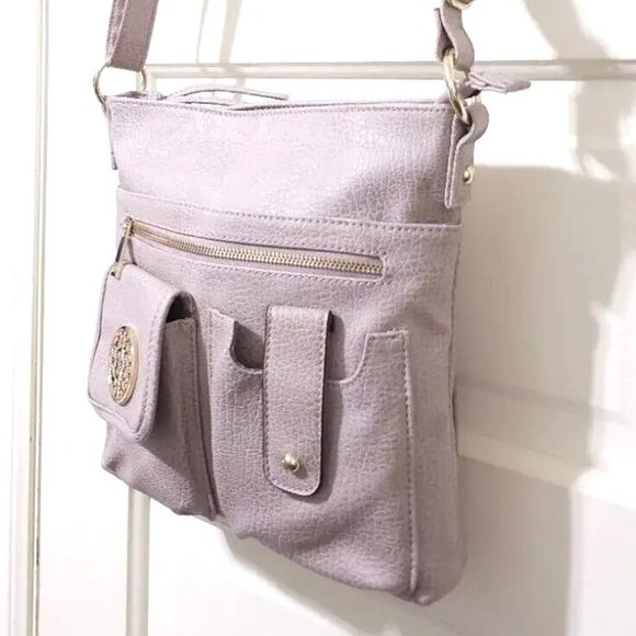 NEW BLUSH Gold Medium FAUX Leather Crossbody Shoulder Bag Purse Top Zip Pockets - Picture 5 of 13